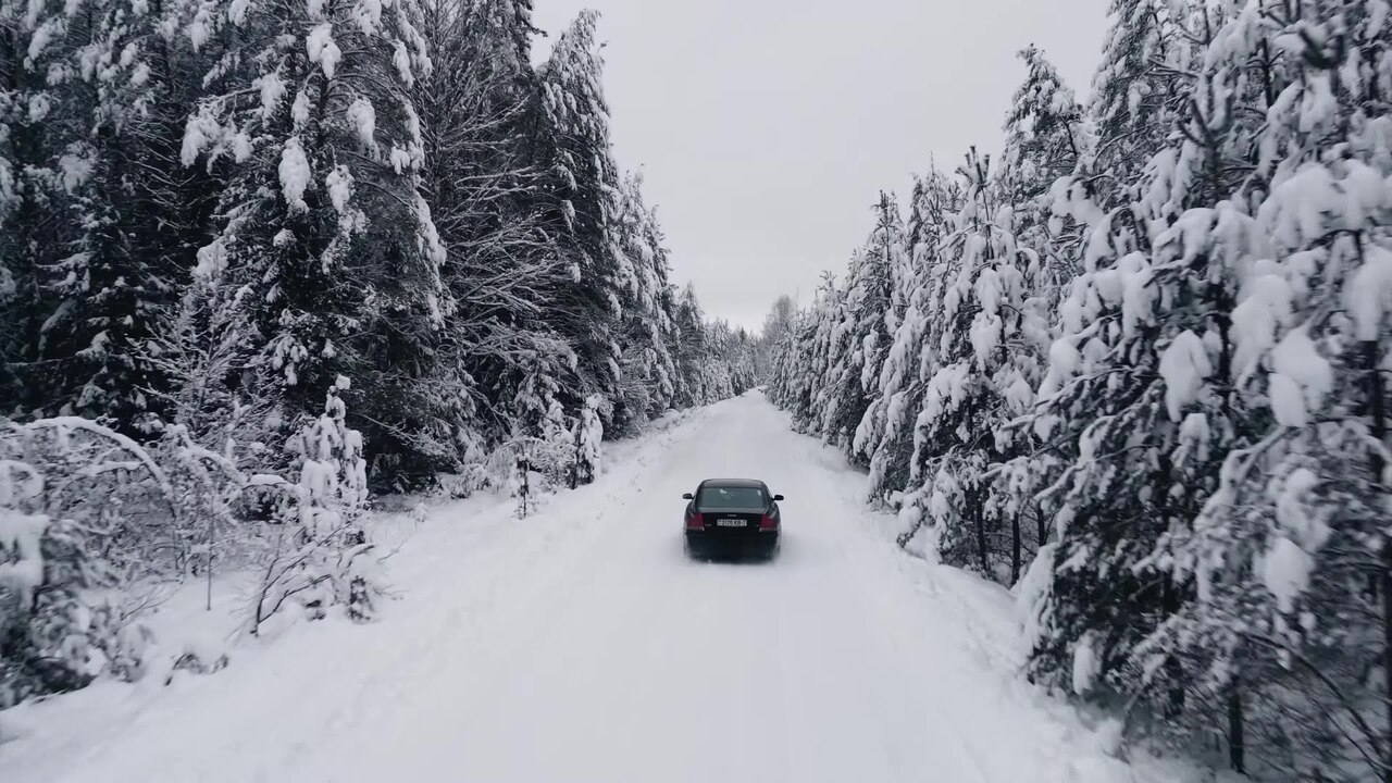 Aerial view of a car driving through a snow-covered forest